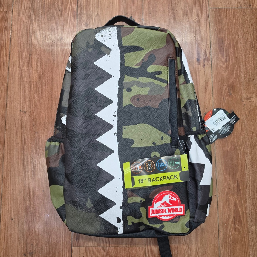Jurassic World 18 Inch Backpack Camouflage Shark Tooth School Bag New With Tags